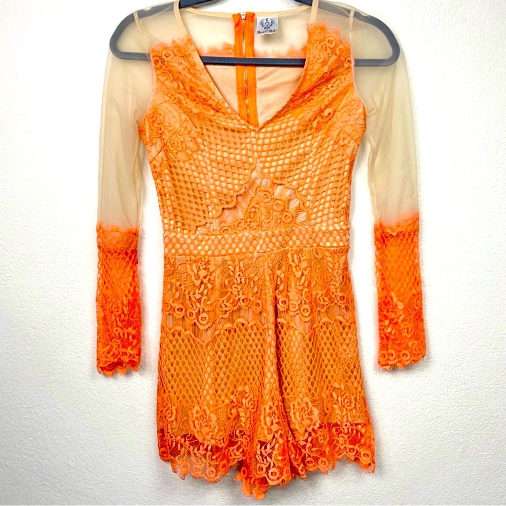 Angel Biba Orange Lace Romper W/ Mesh Long Sleeve